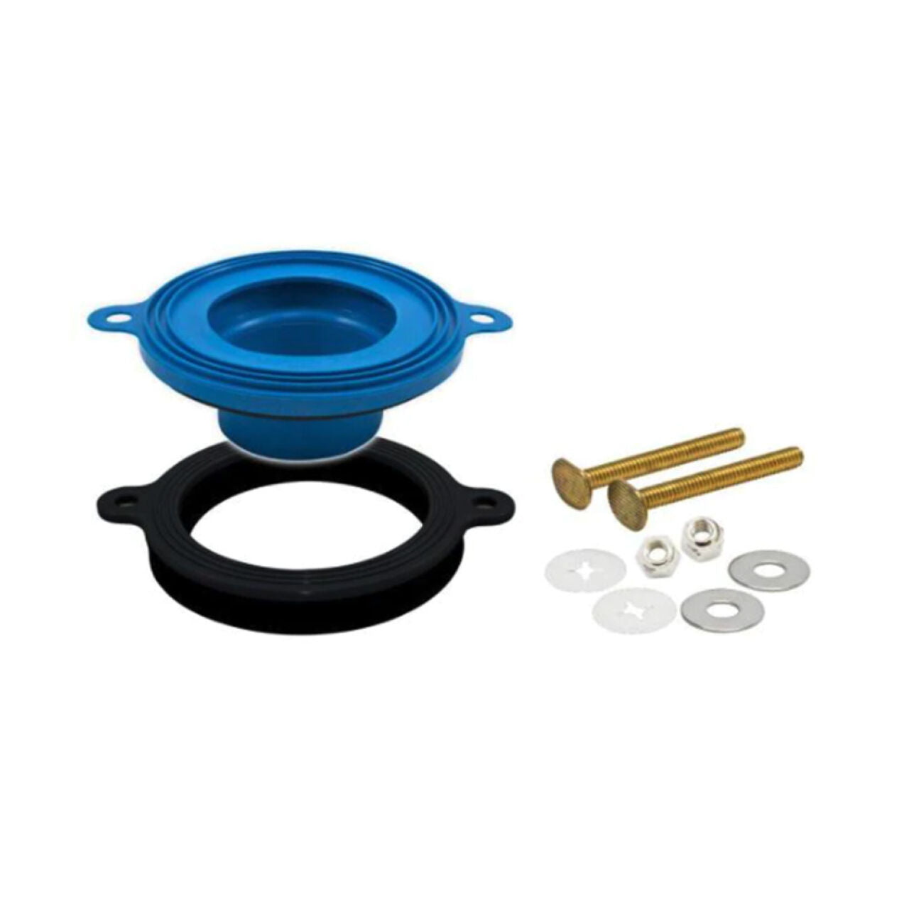 A blue rubber diaphragm, black mounting ring, two gold bolts, two nuts, and four metal washers—the Go Build Better Than Wax Universal Wax-Free Toilet Seal—are arranged on a white background.
